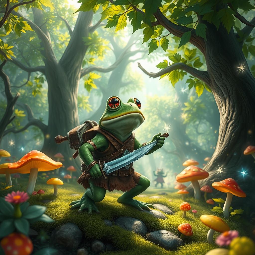 A fantasy scene featuring a brave frog adventurer exploring a lush, vibrant forest