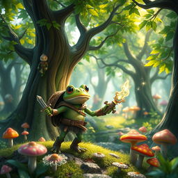 A fantasy scene featuring a brave frog adventurer exploring a lush, vibrant forest