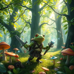 A fantasy scene featuring a brave frog adventurer exploring a lush, vibrant forest