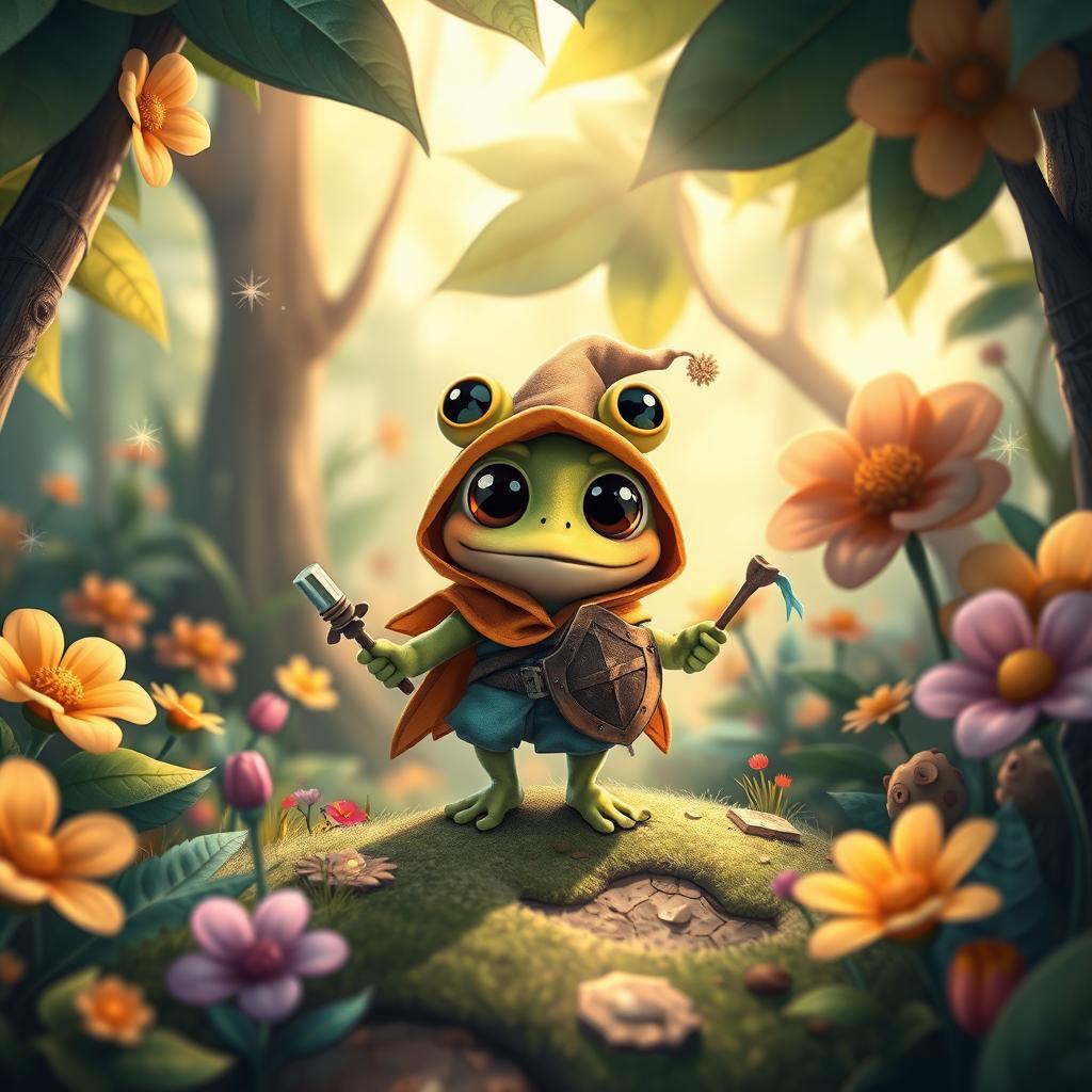 A charming and cute fantasy scene featuring a small frog adventurer with oversized, expressive eyes, exploring a colorful forest