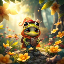 A charming and cute fantasy scene featuring a small frog adventurer with oversized, expressive eyes, exploring a colorful forest