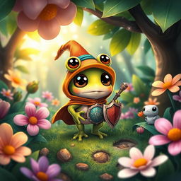 A charming and cute fantasy scene featuring a small frog adventurer with oversized, expressive eyes, exploring a colorful forest