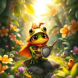 A charming and cute fantasy scene featuring a small frog adventurer with oversized, expressive eyes, exploring a colorful forest