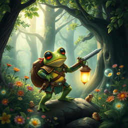 A captivating fantasy scene featuring a courageous frog adventurer journeying through a magical forest