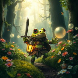 A captivating fantasy scene featuring a courageous frog adventurer journeying through a magical forest