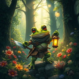A captivating fantasy scene featuring a courageous frog adventurer journeying through a magical forest