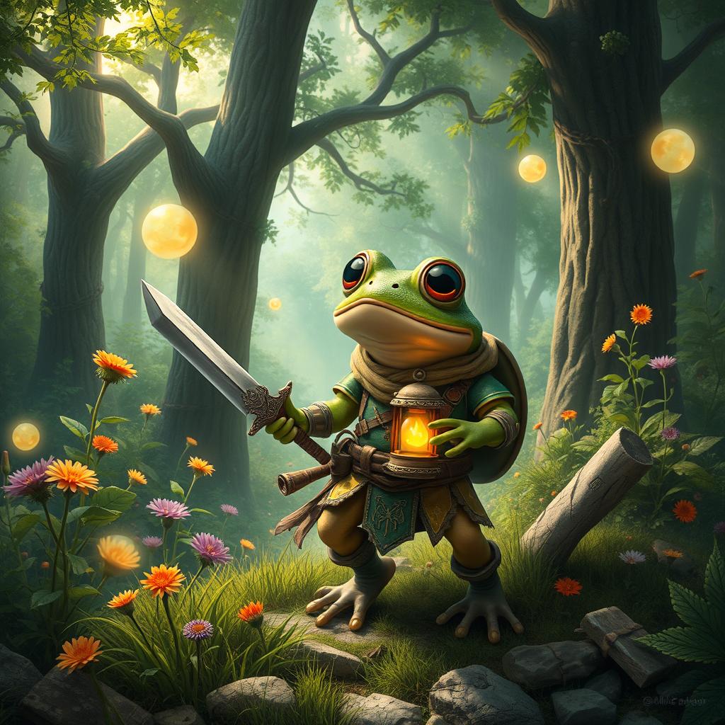A captivating fantasy scene featuring a courageous frog adventurer journeying through a magical forest