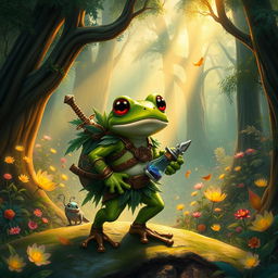 A delightful fantasy scene showcasing a courageous frog adventurer in a mystical forest setting