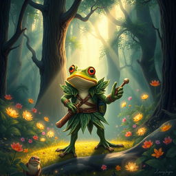 A delightful fantasy scene showcasing a courageous frog adventurer in a mystical forest setting