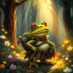 A delightful fantasy scene showcasing a courageous frog adventurer in a mystical forest setting