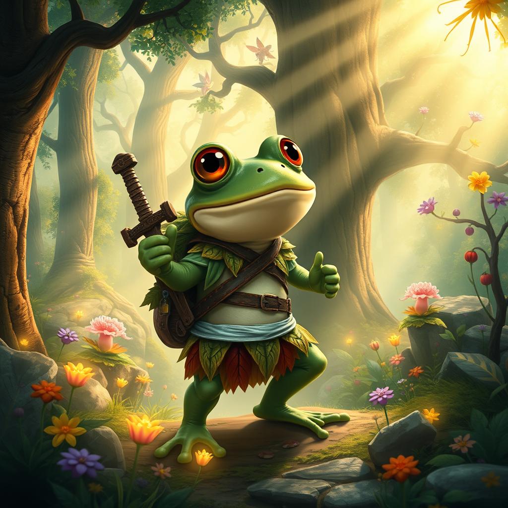 A delightful fantasy scene showcasing a courageous frog adventurer in a mystical forest setting