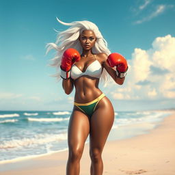 A stunning depiction of Storm from the X-Men, wearing a stylish bikini, standing confidently on a sandy beach
