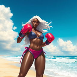 A stunning depiction of Storm from the X-Men, wearing a stylish bikini, standing confidently on a sandy beach