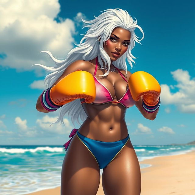 A stunning depiction of Storm from the X-Men, wearing a stylish bikini, standing confidently on a sandy beach