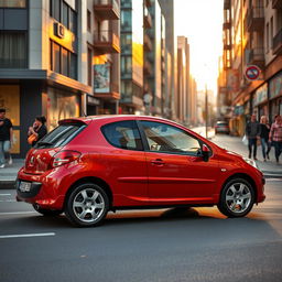A sleek, compact Peugeot 206 hatchback parked on a bustling city street in the golden hour light