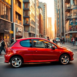 A sleek, compact Peugeot 206 hatchback parked on a bustling city street in the golden hour light