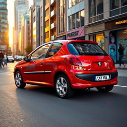 A sleek, compact Peugeot 206 hatchback parked on a bustling city street in the golden hour light