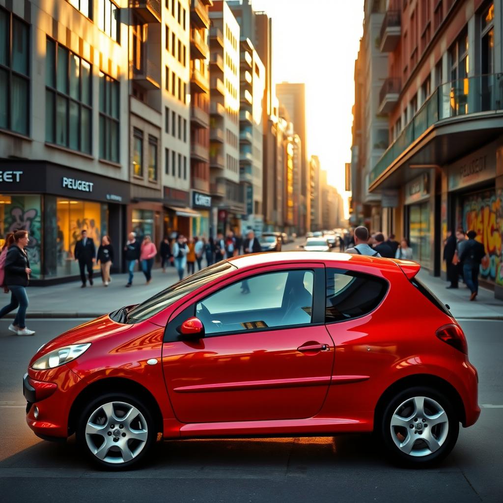 A sleek, compact Peugeot 206 hatchback parked on a bustling city street in the golden hour light