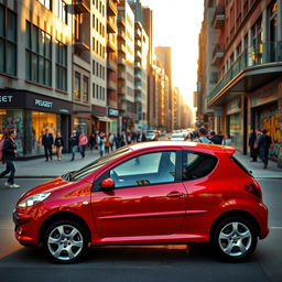 A sleek, compact Peugeot 206 hatchback parked on a bustling city street in the golden hour light