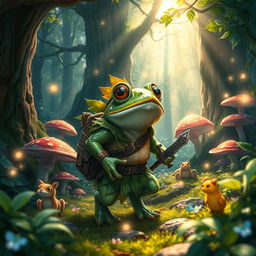 An enchanting fantasy scene featuring a brave frog adventurer venturing through a mystical forest