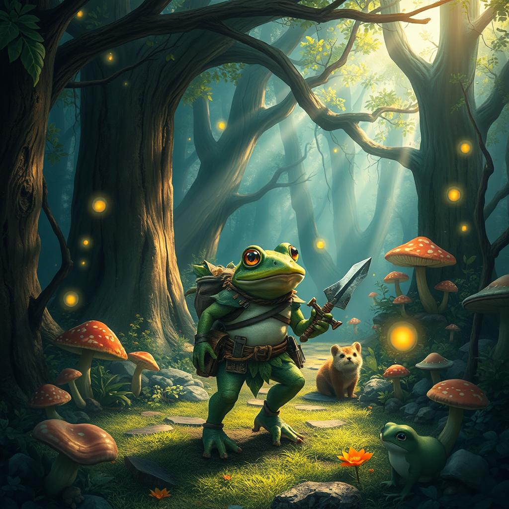 An enchanting fantasy scene featuring a brave frog adventurer venturing through a mystical forest