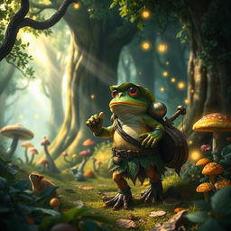 An enchanting fantasy scene featuring a brave frog adventurer venturing through a mystical forest