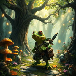 An enchanting fantasy scene featuring a brave frog adventurer venturing through a mystical forest