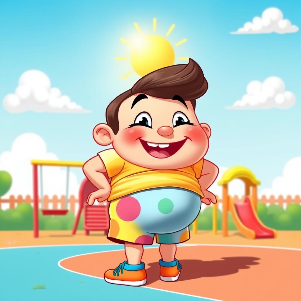 A humorous cartoon character featuring a playful, exaggerated appearance, with a big butt and a joyful expression