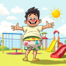 A humorous cartoon character featuring a playful, exaggerated appearance, with a big butt and a joyful expression