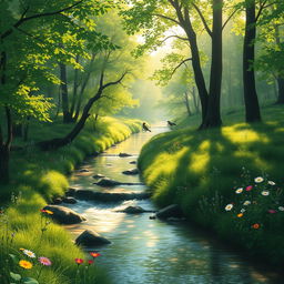 A serene and picturesque nature scene with a gentle stream flowing through a lush green forest