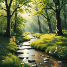 A serene and picturesque nature scene with a gentle stream flowing through a lush green forest