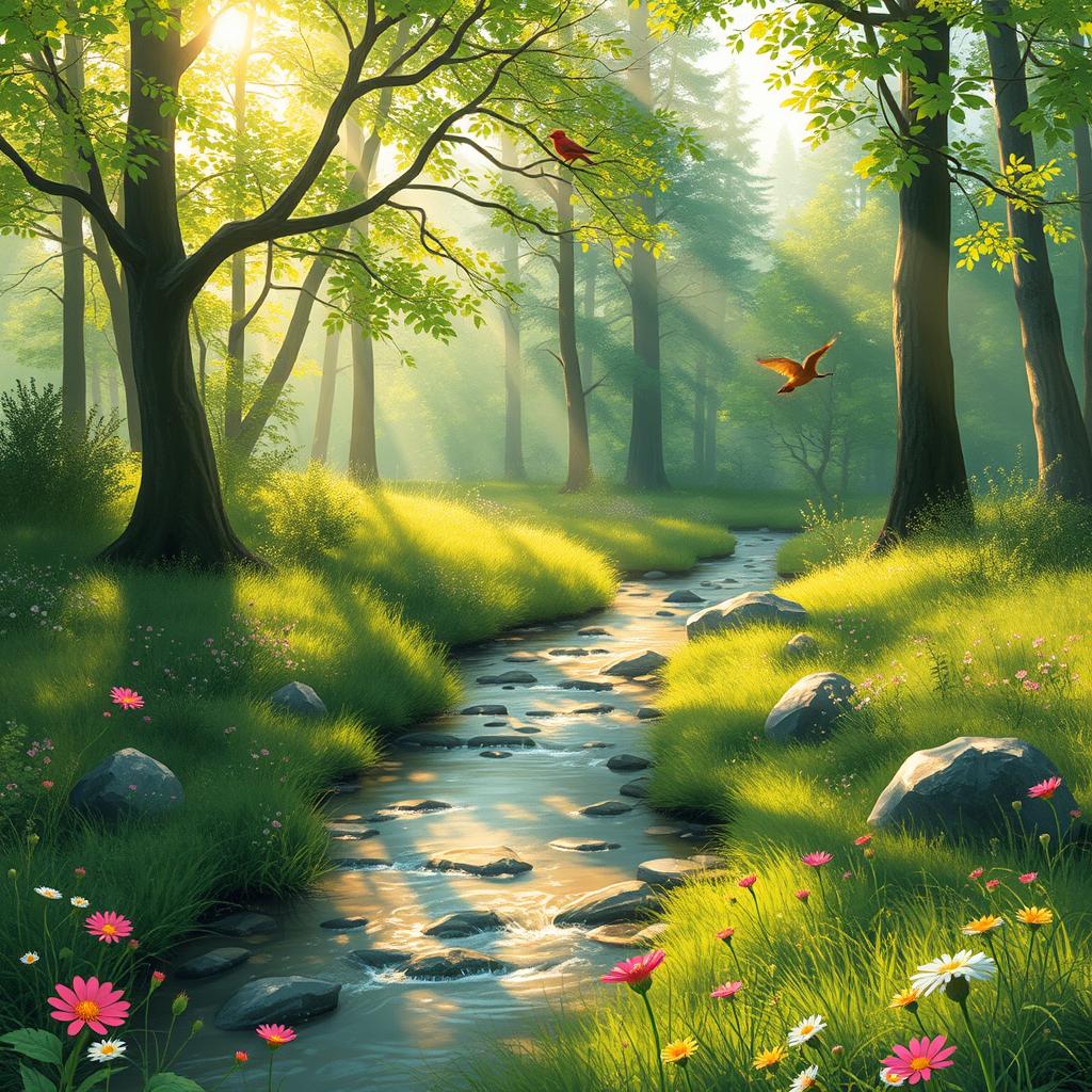 A serene and picturesque nature scene with a gentle stream flowing through a lush green forest