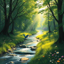 A serene and picturesque nature scene with a gentle stream flowing through a lush green forest
