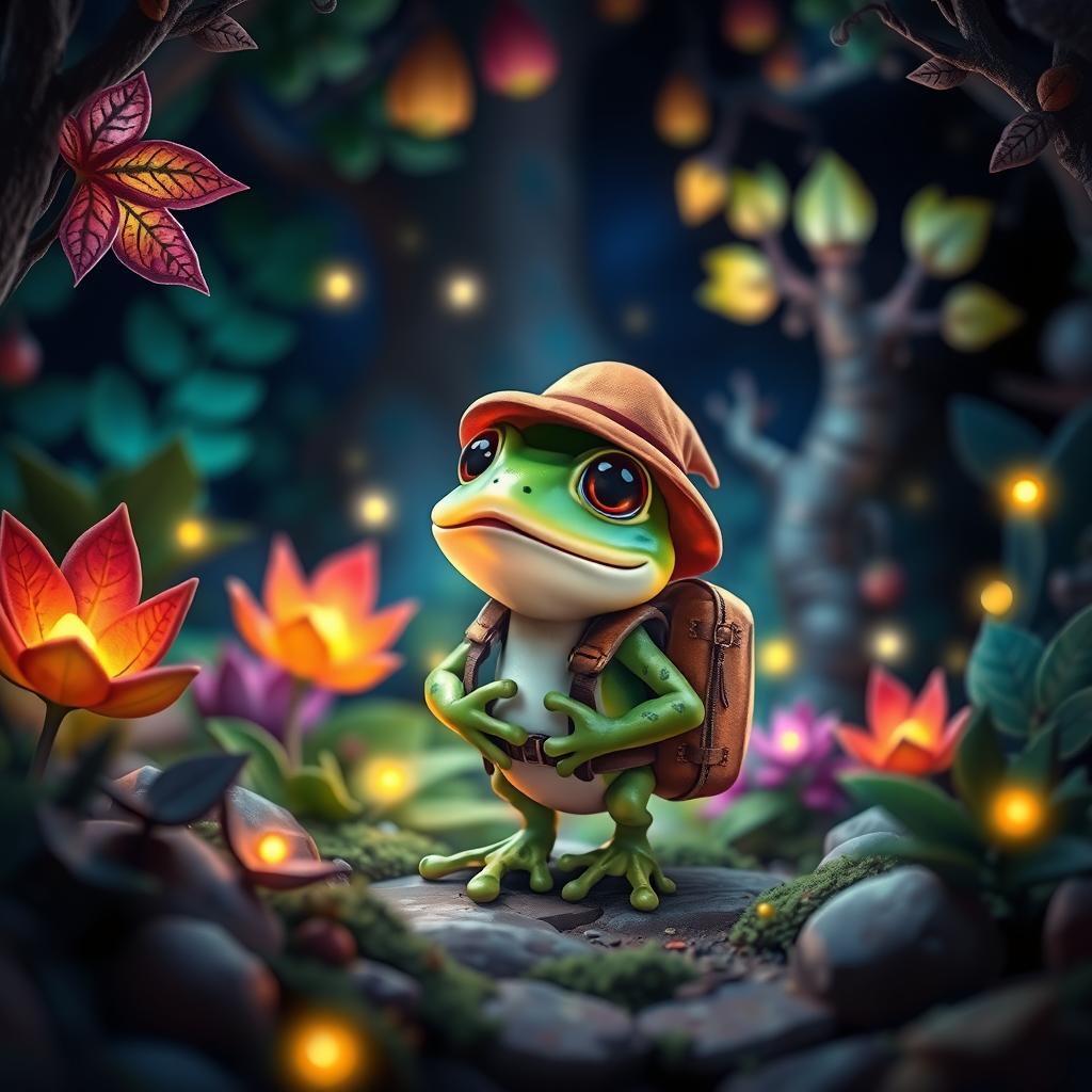 A charming fantasy scene featuring a frog adventurer standing in a cozy magical forest