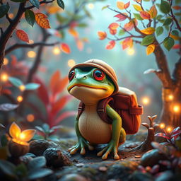 A charming fantasy scene featuring a frog adventurer standing in a cozy magical forest