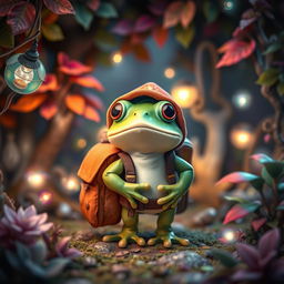 A charming fantasy scene featuring a frog adventurer standing in a cozy magical forest