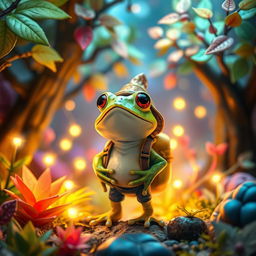 A charming fantasy scene featuring a frog adventurer standing in a cozy magical forest