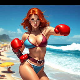 A powerful portrayal of Jean Grey from the X-Men universe, wearing a stylish bikini and boxing gloves, striking a confident pose on a sunny beach