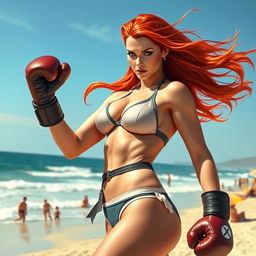 A powerful portrayal of Jean Grey from the X-Men universe, wearing a stylish bikini and boxing gloves, striking a confident pose on a sunny beach