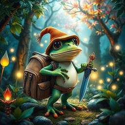A charming fantasy scene featuring a frog adventurer standing in a cozy magical forest, one hand resting on a vibrant, detailed backpack, and the other holding a small, gleaming sword