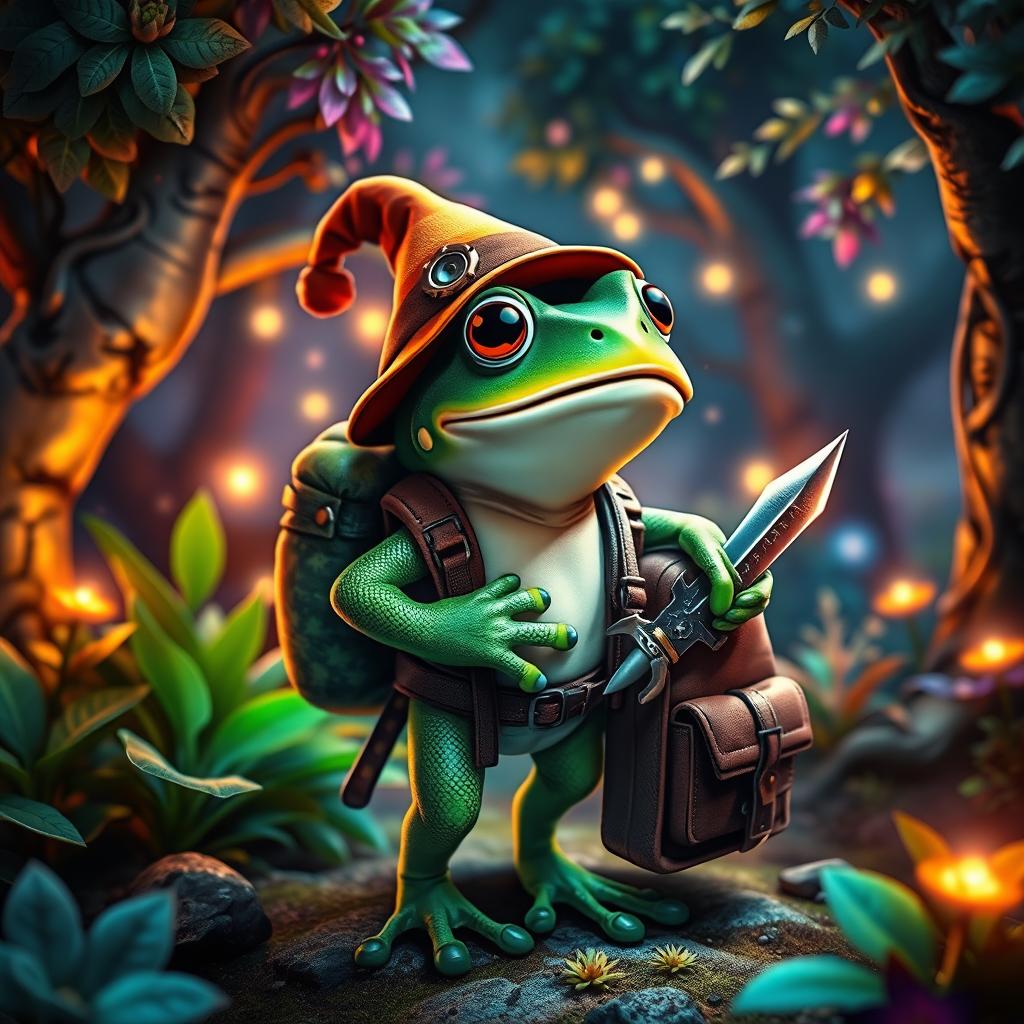 A charming fantasy scene featuring a frog adventurer standing in a cozy magical forest, one hand resting on a vibrant, detailed backpack, and the other holding a small, gleaming sword