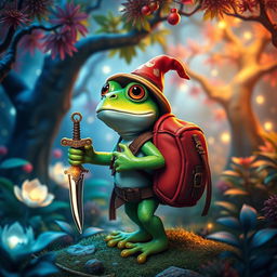 A charming fantasy scene featuring a frog adventurer standing in a cozy magical forest, one hand resting on a vibrant, detailed backpack, and the other holding a small, gleaming sword