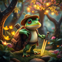 A charming fantasy scene featuring a frog adventurer standing in a cozy magical forest, one hand resting on a vibrant, detailed backpack, and the other holding a small, gleaming sword