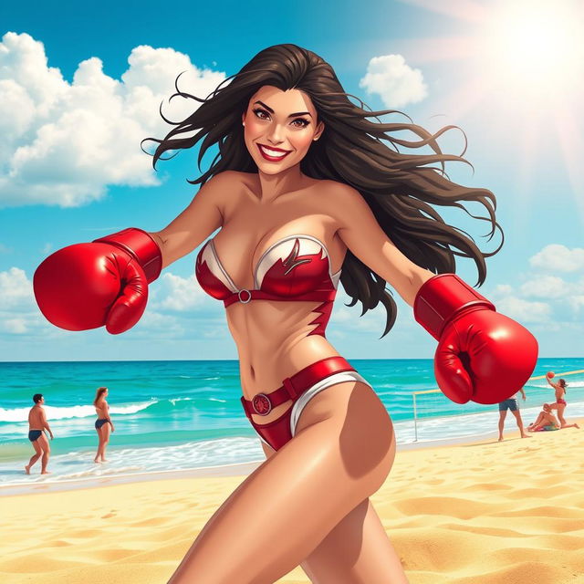 A dynamic scene featuring a female superhero inspired by Scarlet Witch, wearing a stylish bikini and oversized boxing gloves, striking a confident pose on a sunny beach