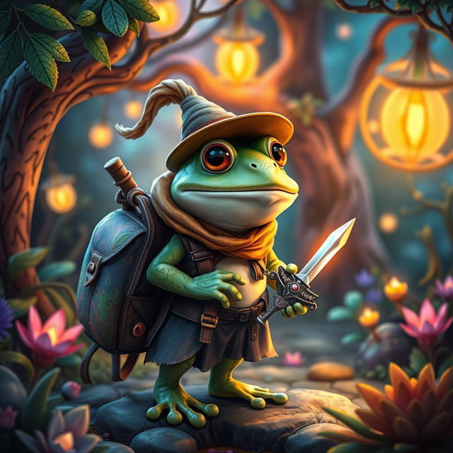 A delightful fantasy scene featuring a frog adventurer standing in a cozy magical forest