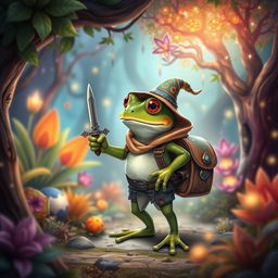 A delightful fantasy scene featuring a frog adventurer standing in a cozy magical forest
