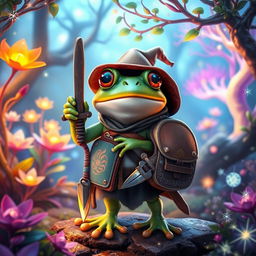 A delightful fantasy scene featuring a frog adventurer standing in a cozy magical forest