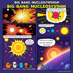 A vibrant comic strip depicting the process of Big Bang Nucleosynthesis