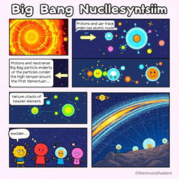 A vibrant comic strip depicting the process of Big Bang Nucleosynthesis