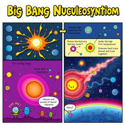 A vibrant comic strip depicting the process of Big Bang Nucleosynthesis